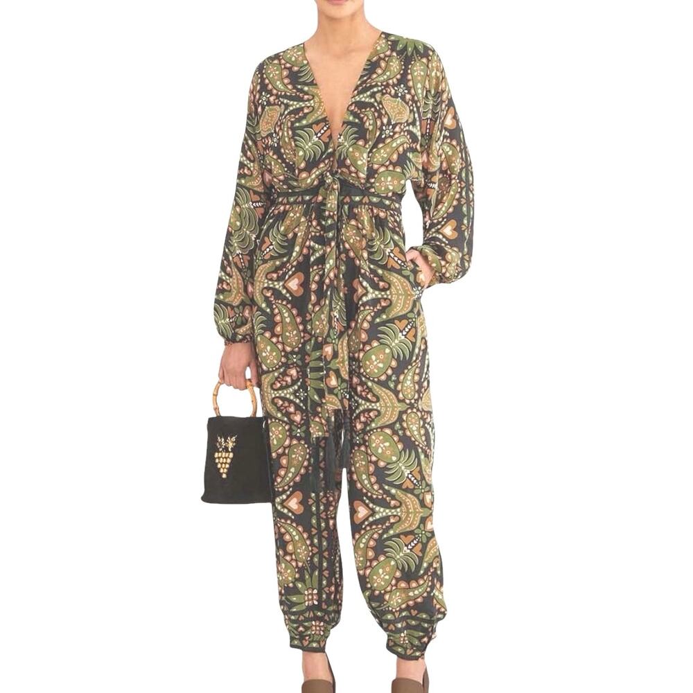 Farm Rio XXS Martina Scarf Crop Jumpsuit Green Paisley Botanical Wrap Tassels